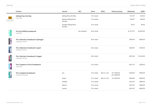 Example line sheet page